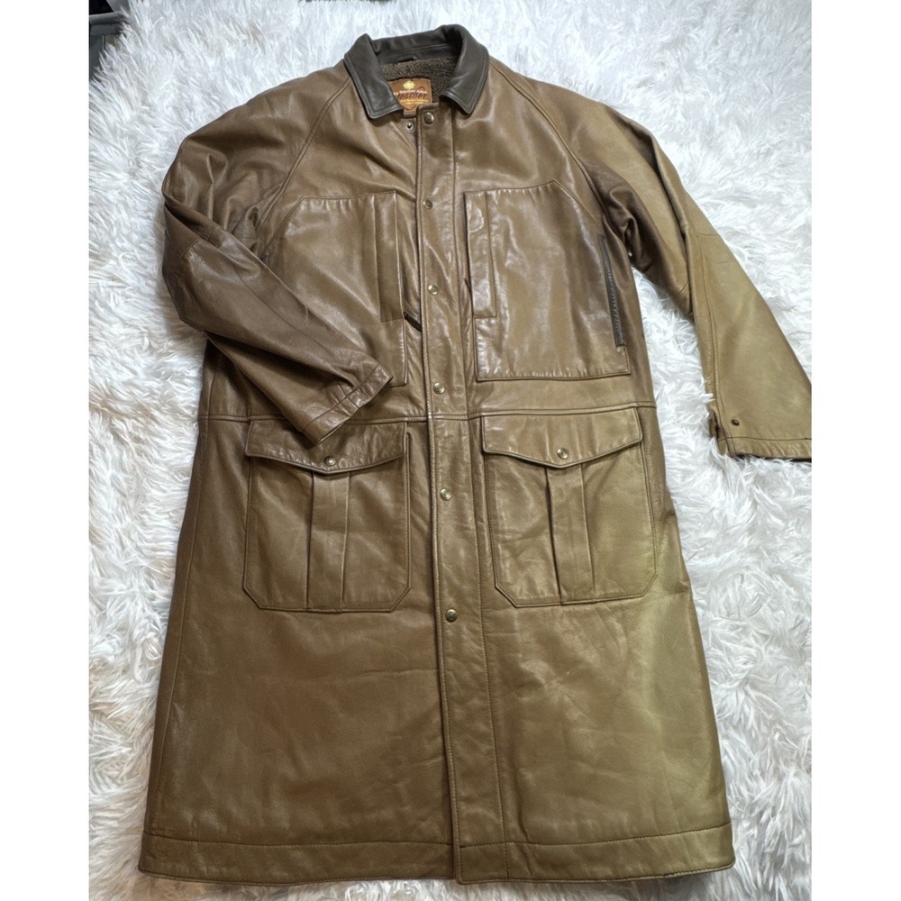 Vintage 1990's Leather Trench Overcoat Men Large Distressed The Territory Ahead